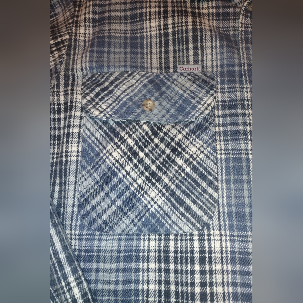 Vintage Men's Carhartt Button-Up Flannel, Size Medium, Blue Plaid - Picture 4 of 12